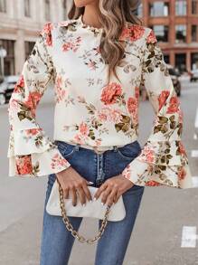 SHEIN Clasi Floral Print Flare Sleeve Frill Neck Blouse - Multicolor - View 3