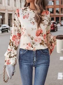 SHEIN Clasi Floral Print Flare Sleeve Frill Neck Blouse - Multicolor - View 1