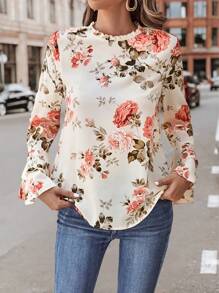 SHEIN Clasi Floral Print Flare Sleeve Frill Neck Blouse - Multicolor - View 6