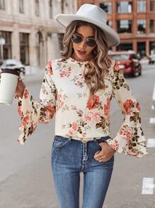 SHEIN Clasi Floral Print Flare Sleeve Frill Neck Blouse - Multicolor - View 7