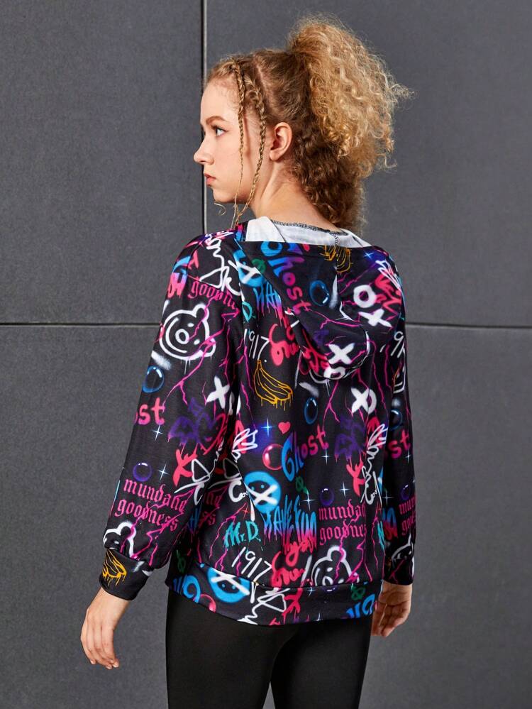 Teen Girl Graffiti Print Hoodie & Biker Shorts