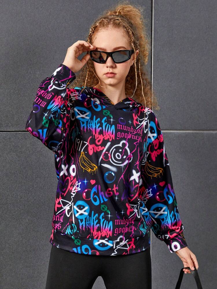Teen Girl Graffiti Print Hoodie & Biker Shorts