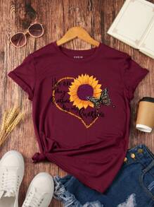 SHEIN LUNE Hoa Hướng dương Và In bướm Áo thun - Màu Đỏ Sâu - Xem 1