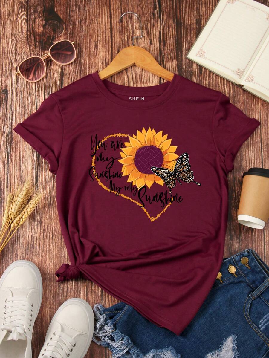 SHEIN LUNE Hoa Hướng dương Và In bướm Áo thun - Màu Đỏ Sâu - Xem 1