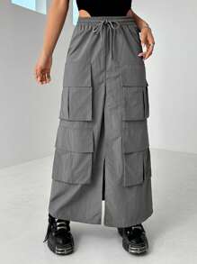 SHEIN ICON 休閒口袋 抽繩 高衩純色女士半身裙