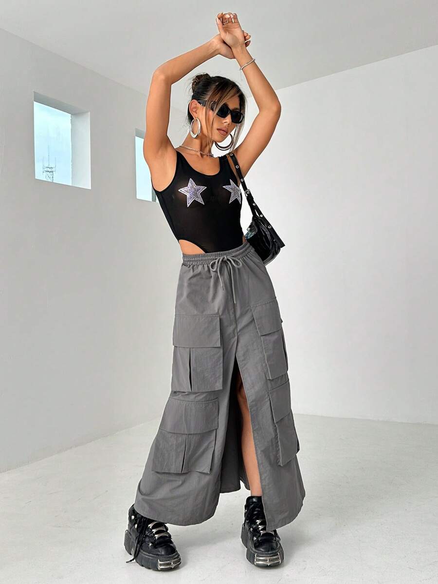 SHEIN ICON 休閒口袋 抽繩 高衩純色女士半身裙