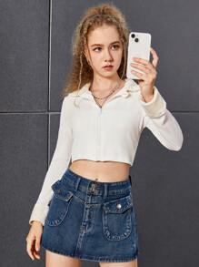 SHEIN Teen Girl Zip Up Borg Collar Crop Jacket - White - View 4