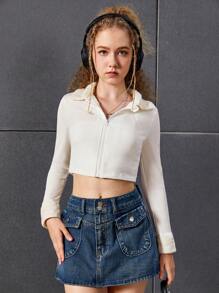 SHEIN Teen Girl Zip Up Borg Collar Crop Jacket - White - View 5