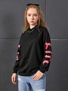 Áo nỉ tay trễ in hình khẩu hiệu dành cho nữ tuổi teen - màu đen - Xem 5