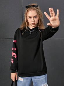 Áo nỉ tay trễ in hình khẩu hiệu dành cho nữ tuổi teen - màu đen - Xem 2