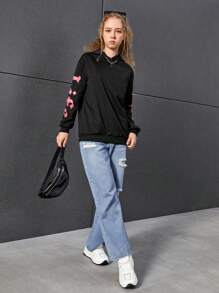 Áo nỉ tay trễ in hình khẩu hiệu dành cho nữ tuổi teen - màu đen - Xem 6