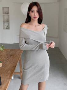 DAZY 翻领露肩罗纹针织修身连衣裙，秋季女装毛衣连衣裙 - 灰色 - 查看 1