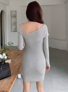 DAZY 翻领露肩罗纹针织修身连衣裙，秋季女装毛衣连衣裙 - 灰色 - 查看 2