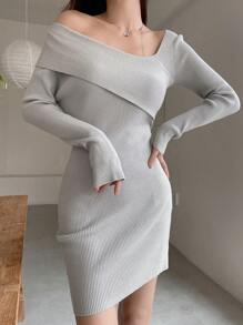 DAZY 翻领露肩罗纹针织修身连衣裙，秋季女装毛衣连衣裙 - 灰色 - 查看 4