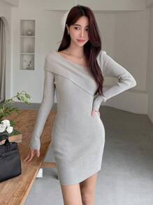 DAZY 翻领露肩罗纹针织修身连衣裙，秋季女装毛衣连衣裙 - 灰色 - 查看 5