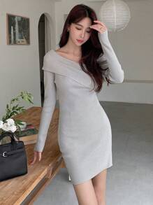 DAZY 翻领露肩罗纹针织修身连衣裙，秋季女装毛衣连衣裙 - 灰色 - 查看 6