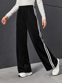 Sparklyn Teen Girl Casual Y2K Sports Straight Leg Pants With Double Stripes Side Detailing - Black - View 1
