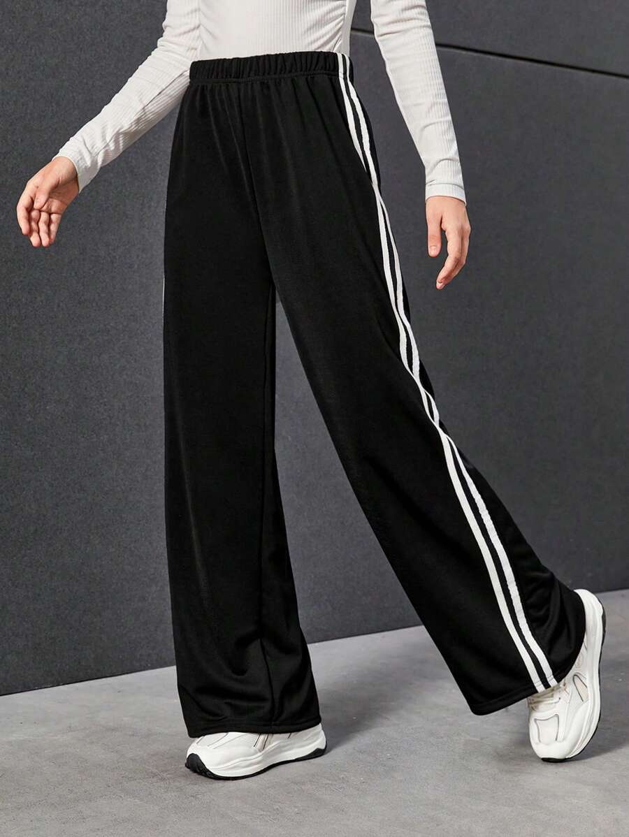 Sparklyn Teen Girl Casual Y2K Sports Straight Leg Pants With Double Stripes Side Detailing - Black - View 1