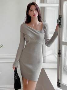 DAZY 翻领露肩罗纹针织修身连衣裙，秋季女装毛衣连衣裙 - 灰色 - 查看 7