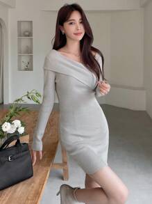 DAZY 翻领露肩罗纹针织修身连衣裙，秋季女装毛衣连衣裙 - 灰色 - 查看 8