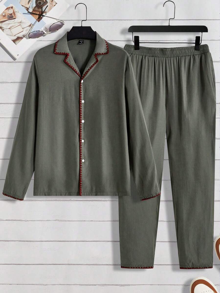 Manfinity VCAY Men Contrast Binding Shirt & Pants - Army Green - View 1