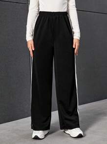 Sparklyn Teen Girl Casual Y2K Sports Straight Leg Pants With Double Stripes Side Detailing - Black - View 3