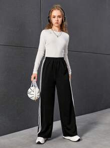 Sparklyn Teen Girl Casual Y2K Sports Straight Leg Pants With Double Stripes Side Detailing - Black - View 5