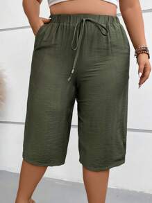 SHEIN LUNE Plus Tie Waist Slant Pocket Capri Trousers - Army Green - View 1