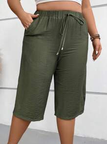 SHEIN LUNE Plus Tie Waist Slant Pocket Capri Trousers - Army Green - View 3