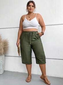 SHEIN LUNE Plus Tie Waist Slant Pocket Capri Trousers - Army Green - View 4