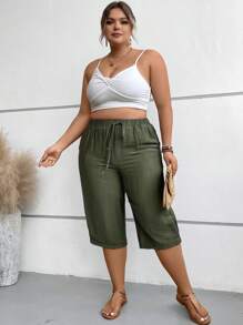 SHEIN LUNE Plus Tie Waist Slant Pocket Capri Trousers - Army Green - View 5