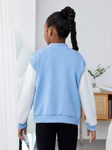 SHEIN Cô gái Tween Thư được vá Sọc trang trí Thả vai Hai âm Áo khoác Đại học - Xanh và trắng - Xem 2