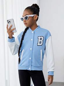 SHEIN Cô gái Tween Thư được vá Sọc trang trí Thả vai Hai âm Áo khoác Đại học - Xanh và trắng - Xem 5