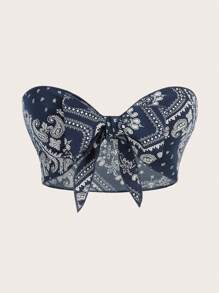 SHEIN ICON 佩斯利印花前打結抹胸上衣 - 藍白色 - 查看 1