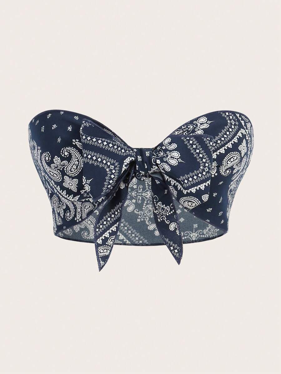 SHEIN ICON 佩斯利印花前打結抹胸上衣 - 藍白色 - 查看 1