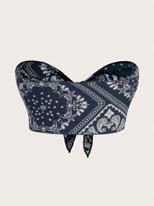 SHEIN ICON 佩斯利印花前打結抹胸上衣 - 藍白色 - 查看 2