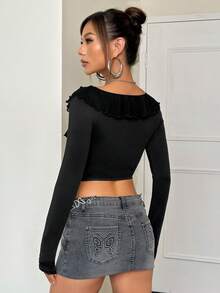 SHEIN ICON 荷葉邊側收褶短款T恤 - 黑色 - 查看 5