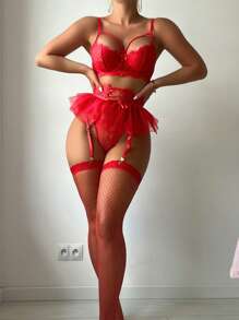 Floral Lace Underwire Garter Lingerie Set With 1pair Stocking Bridallingerie, Baddie Look - Red - View 5