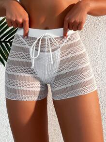 SHEIN Swim 2026 Spring/Summer White Mesh Sexy Bowknot Waist Bikini Cover Up Shorts - White - View 7