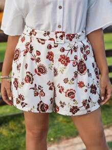 SHEIN VCAY 大碼印花闊腿附腰帶短褲 - 彩色 - 查看 4