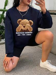 SHEIN LUNE 这款加大码小熊和标语图案保暖内衬卫衣，适合毕业季、返校季、教师节等场合，女士款，秋冬新款。 - 藏蓝色 - 查看 5