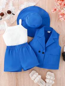 女嬰純色吊帶上衣、短褲和背心西裝外套 - 藍色 - 查看 1