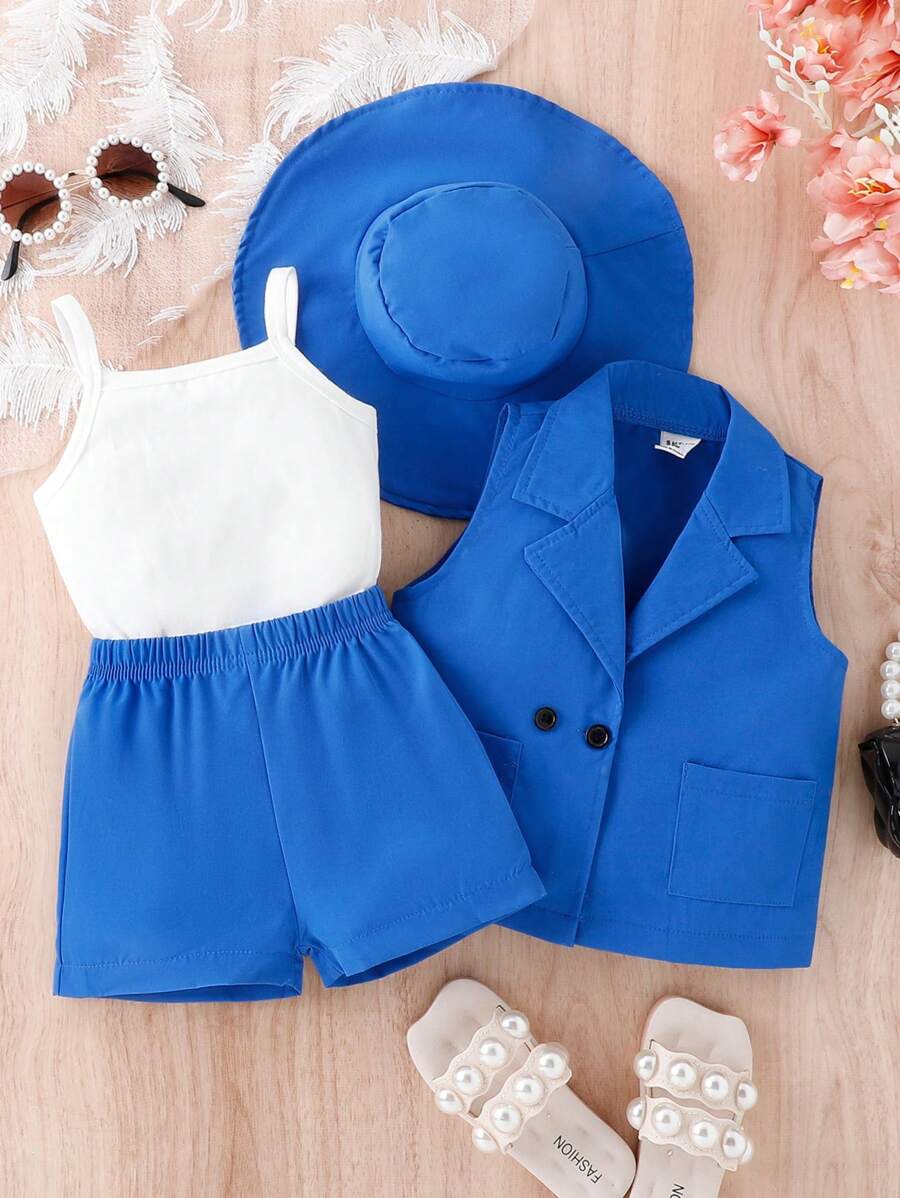 女嬰純色吊帶上衣、短褲和背心西裝外套 - 藍色 - 查看 1