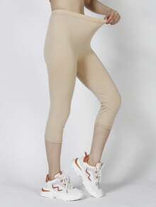 女士休闲弹力运动紧身裤，纯色柔软舒适磨毛裤，适合健身、跑步、塑形、提臀、瑜伽等运动，肤色七分裤，适合夏季户外散步。 - 米色 - 查看 4