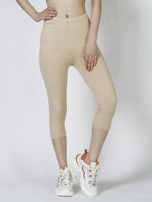 女士休闲弹力运动紧身裤，纯色柔软舒适磨毛裤，适合健身、跑步、塑形、提臀、瑜伽等运动，肤色七分裤，适合夏季户外散步。 - 米色 - 查看 5