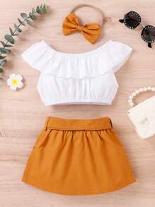 SHEIN 年輕女孩荷葉邊短上衣和腰帶裙和頭帶 - 彩色 - 查看 2