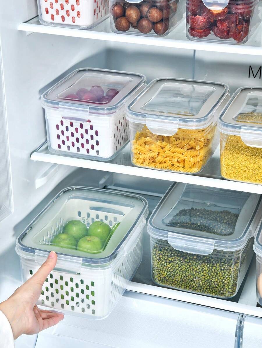 SHEIN Basic living 1pc PP Food Storage Box With Drain Basket, Minimalist White Food Storage Container For Home - Clear - View 1