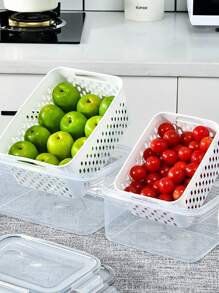 SHEIN Basic living 1pc PP Food Storage Box With Drain Basket, Minimalist White Food Storage Container For Home - Clear - View 2