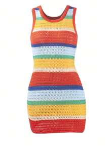 Vestido Curto e Justo Sexy de Malha Vazada com Blocos de Cor para Mulheres na Primavera e no Verão, Cobrindo a Bunda, para Festa e Balada - Multicolorido - Visão 1