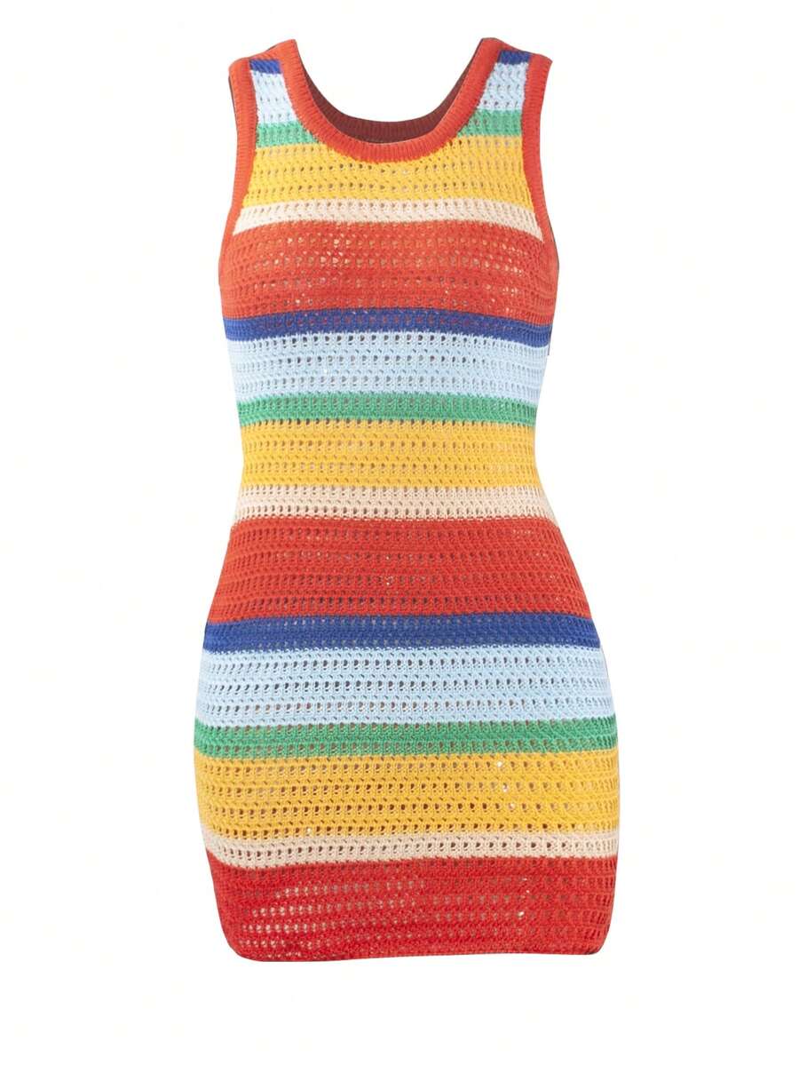 Vestido Curto e Justo Sexy de Malha Vazada com Blocos de Cor para Mulheres na Primavera e no Verão, Cobrindo a Bunda, para Festa e Balada - Multicolorido - Visão 1